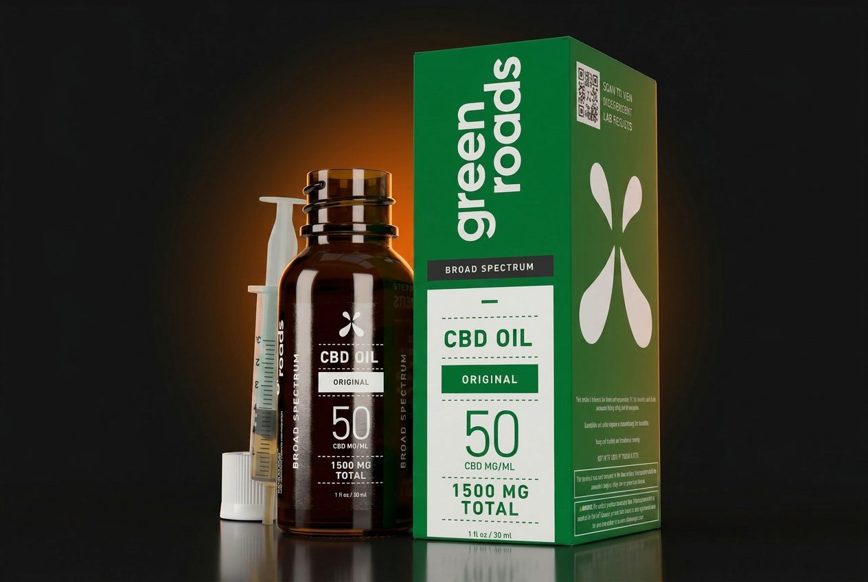 Green Roads CBD product photographed on a dark premium retail background