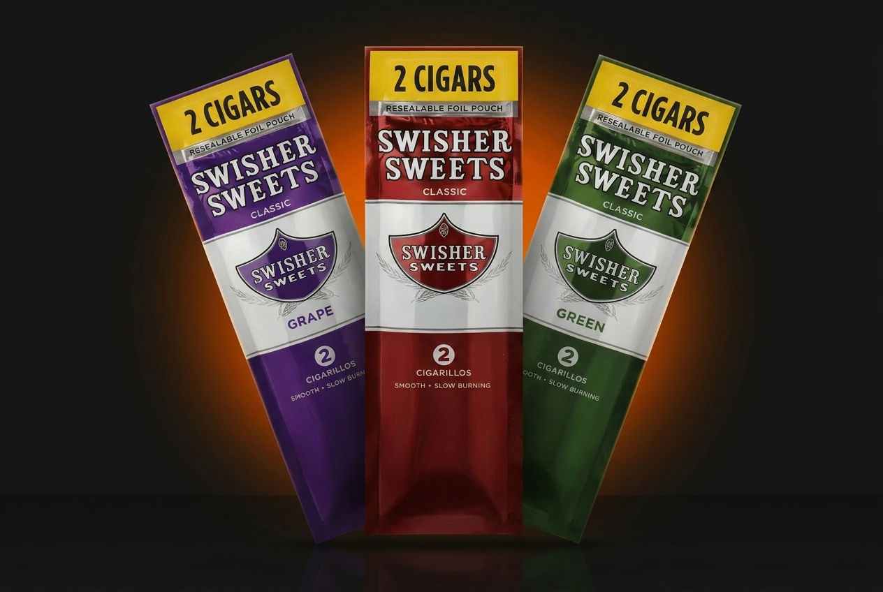 Swisher Sweets cigarillos photographed on a dark premium retail background