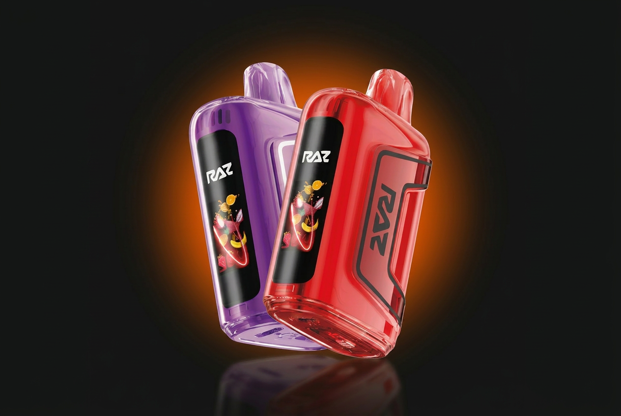 RAZ disposable vapes photographed on a dark premium retail background