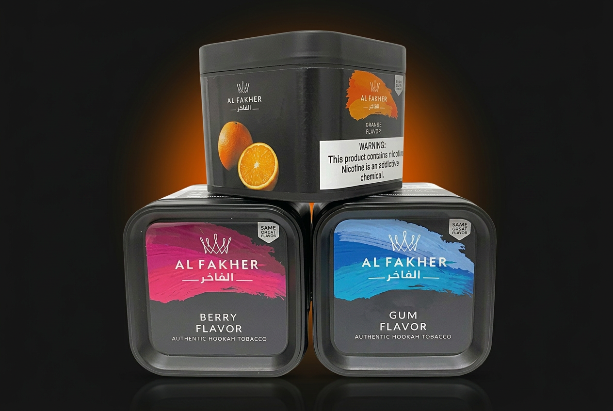 Al Fakher hookah and shisha products photographed on a dark premium retail background
