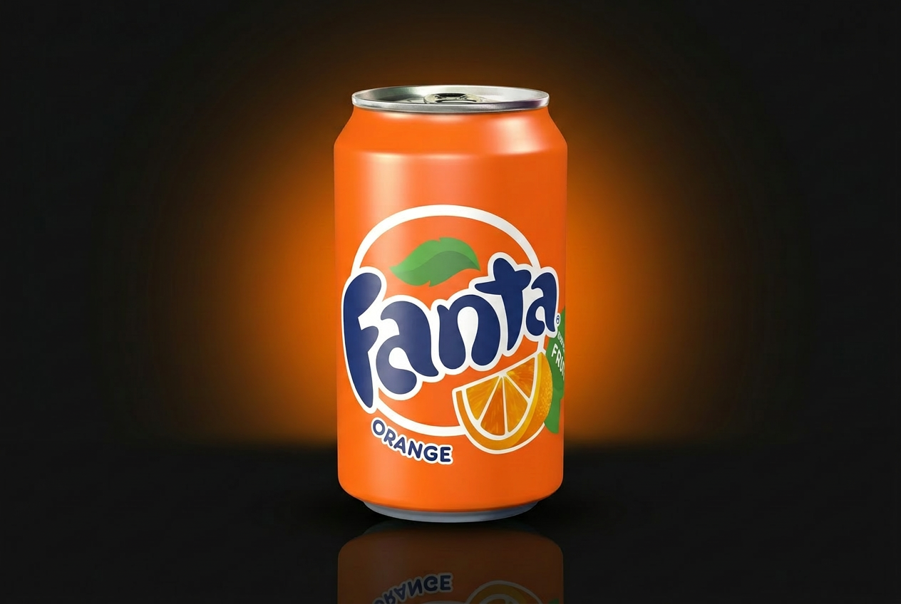 Fanta Orange soda can photographed on a dark premium retail background