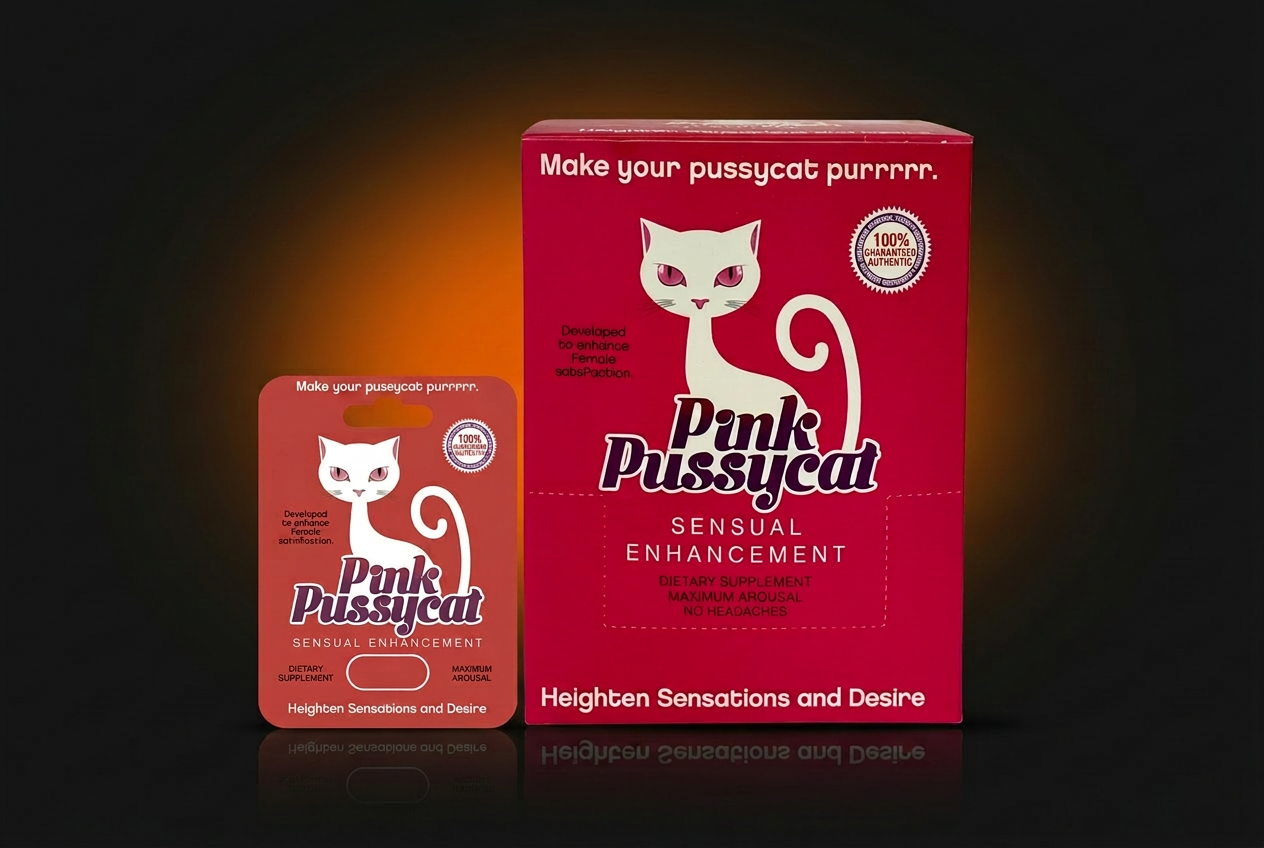 Pink Pussycat sensual enhancement supplement photographed on a dark premium retail background