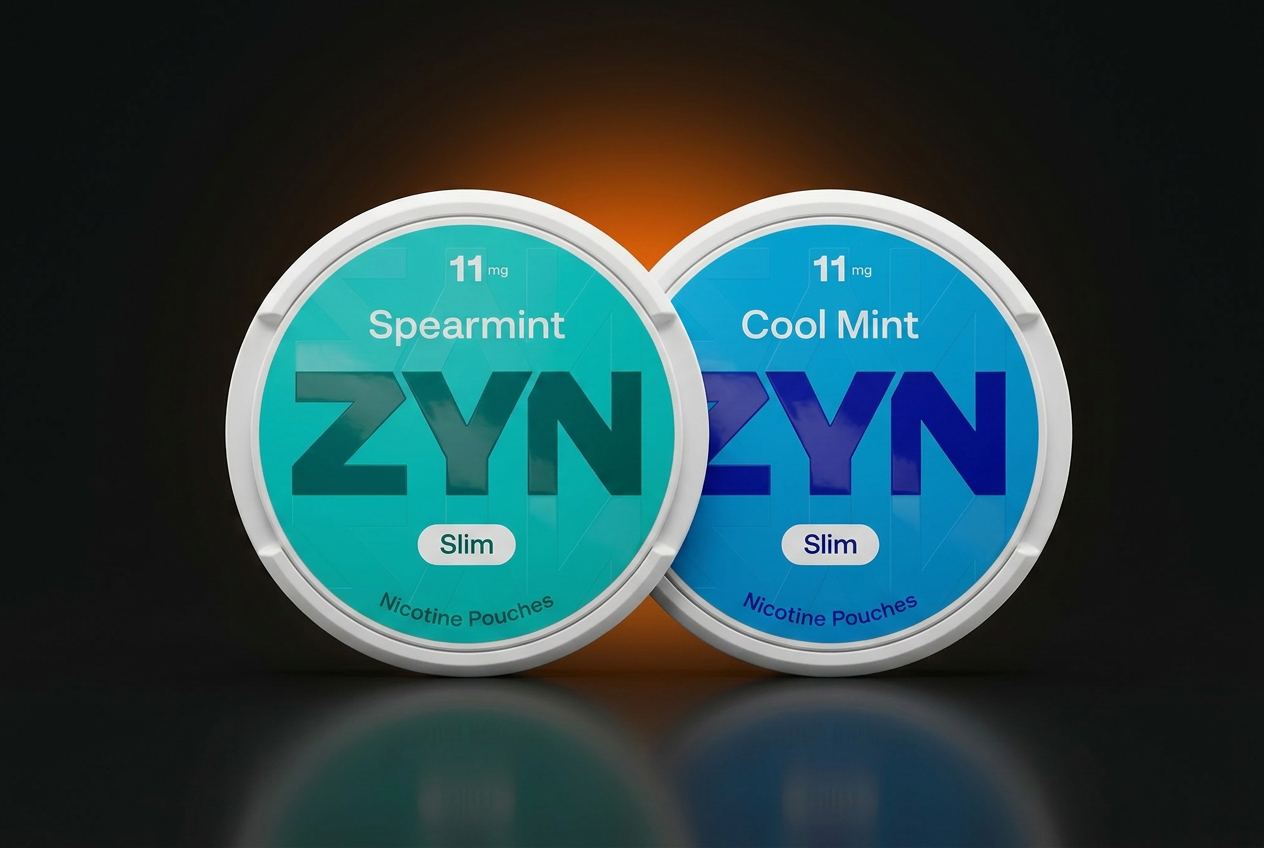 ZYN nicotine pouches photographed on a dark premium retail background