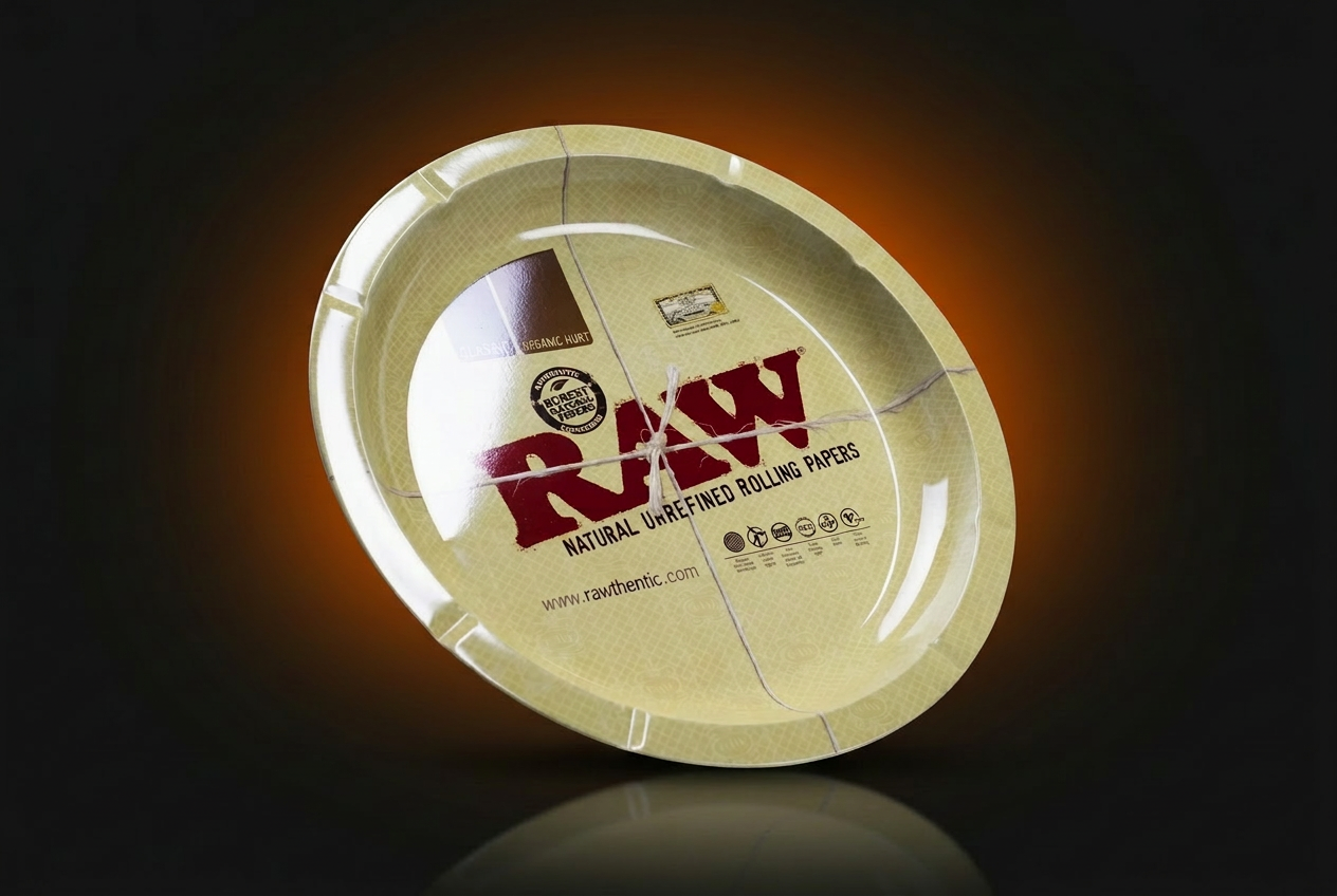 RAW rolling tray photographed on a dark premium retail background