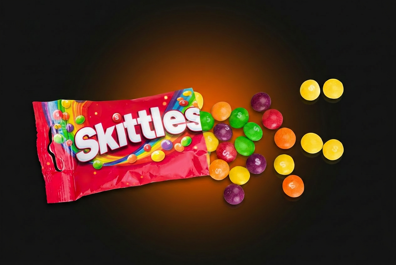 Skittles candy photographed on a dark premium retail background